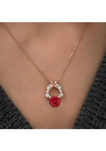 925 Ayar Gümüş Rose Kırmızı Gül Kolye
