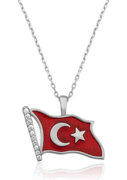 925 Ayar Gümüş Türk Bayrağı Kadın Kolye