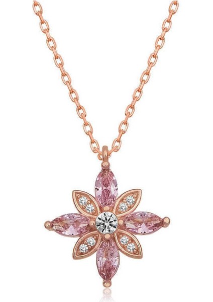 925 Ayar Gümüş Rose Pembe Taşlı Umut Çiçeği Kolye