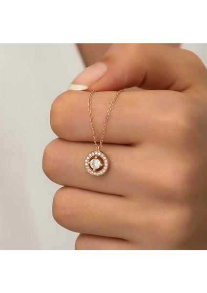 925 Ayar Gümüş Rose Minimal Yuvarlak Tektaş Kadın Kolye