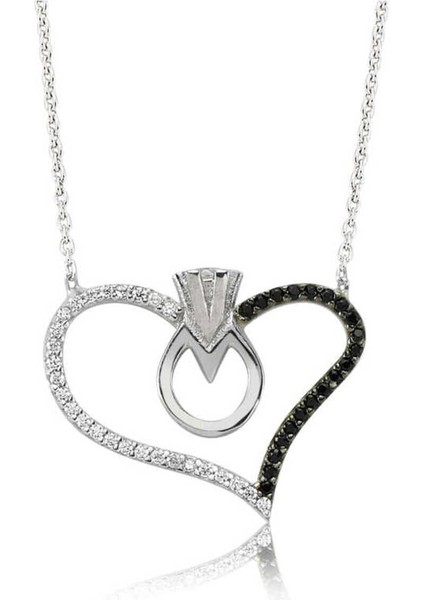 925 Ayar Gümüş Kalpli Tek Taş Kadın Kolye