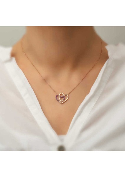 925 Ayar Gümüş Rose Iki Kalp Kadın Kolye