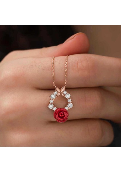 925 Ayar Gümüş Rose Kırmızı Gül Kolye