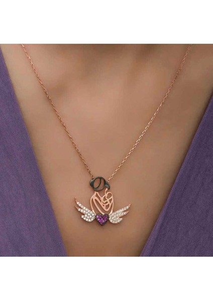 925 Ayar Gümüş Rose Kalpli Anne ve Çocuk Kolye