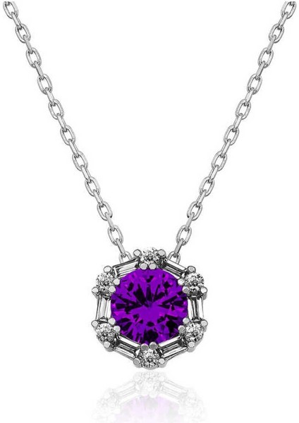 925 Ayar Gümüş Menekşe Moru Baget Taşlı Kadın Kolye