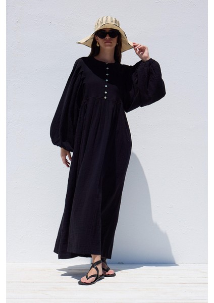 Pile Detaylı Müslin Elbise Siyah indirimleri