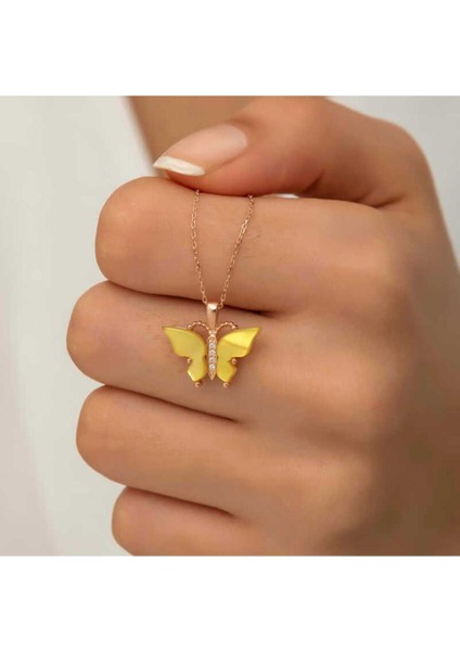 925 Ayar Gümüş Rose Sarı Kaplangözü Taşlı Kelebek Kolye