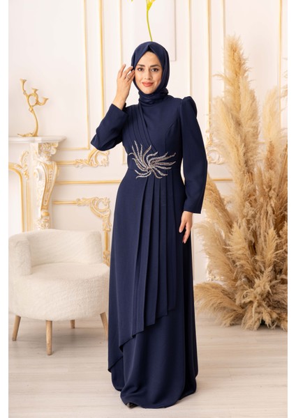 Taş ve Boncuk Işlemeli Pliseli Tesettür Abiye (Büyük Beden) (K1050)