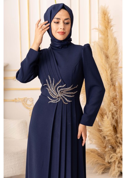 Taş ve Boncuk Işlemeli Pliseli Tesettür Abiye (Büyük Beden) (K1050) fırsatları
