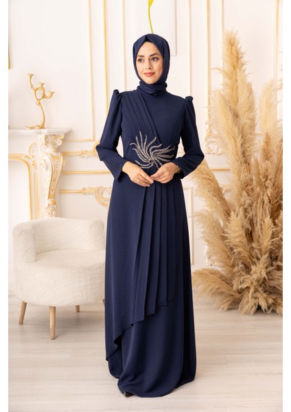 Taş ve Boncuk Işlemeli Pliseli Tesettür Abiye (Büyük Beden) (K1050) modelleri