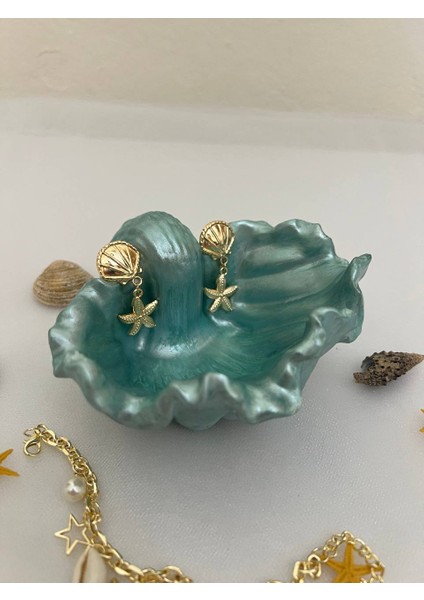 Parlak Su Yeşili Istiridye Takı Tabağı, Deniz Kabuğu Sunumluk, Istiridye Dekoratif Obje, Istiridye