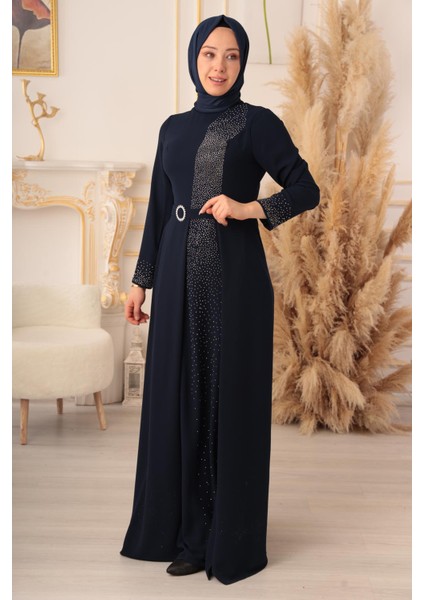 Taş ve Kemer Detaylı Kapaklı Model Tesettür Abiye (K1075)