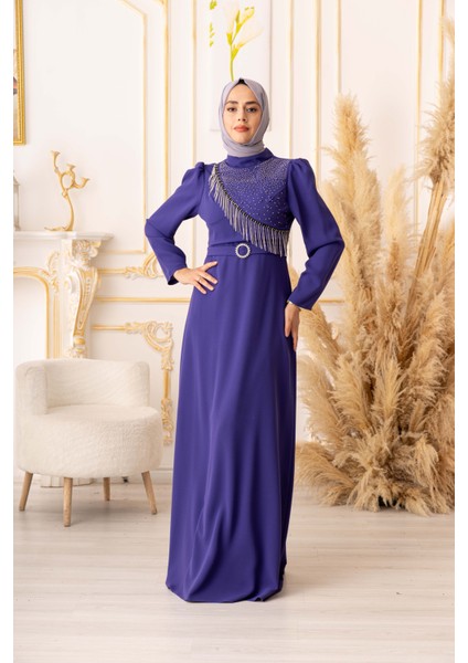 Göğüs Kısmı Taş ve Zincir Detaylı Krep Tesettür Abite (K1090) fiyatları