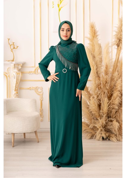 Göğüs Kısmı Taş ve Zincir Detaylı Krep Tesettür Abite (K1090) fiyatları