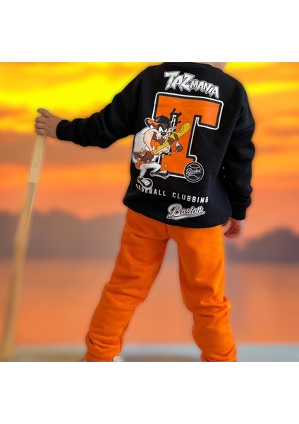 Erkek Çocuk Karakter Baskı Desen Turuncu - Siyah Renk Sweatshirt Eşofman 2 Parçalı Alt Üst Takım fiyatları