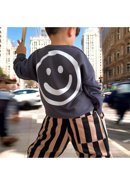 Lolliboom Kids Erkek Çocuk Somon Siyah Renk Çizgili Eşofman Altı Smile Efekt 3 Iplik Sweatshirt 2 Parça Eşofman Takımı