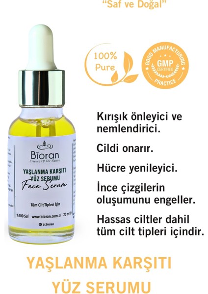 Yaşlanma Karşıtı Yüz Serumu %100 Saf ve Doğal İçerikli 20 ml.