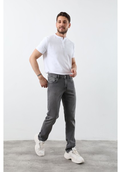 Erkek Likralı Straight Fit Jean Pantolon Gri