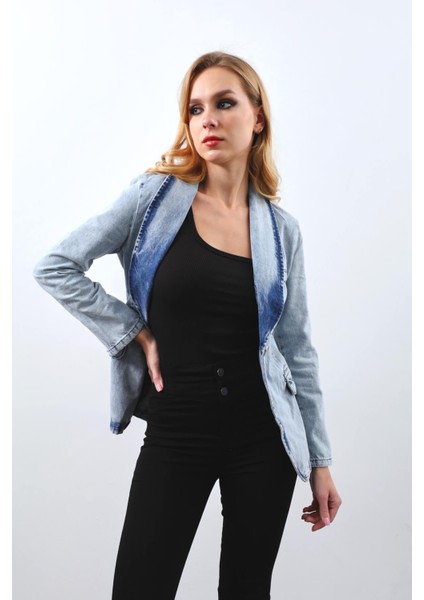 Kadın Uzun Kollu Tek Düğmeli Jean Ceket Buz Mavi