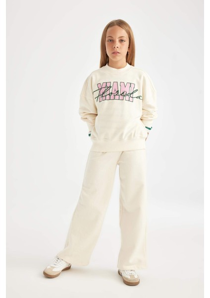 Kız Çocuk 2'li Takım Bisiklet Yaka Baskılı Sweatshirt Geniş Bol Paça Eşofman Altı C7777A824AU