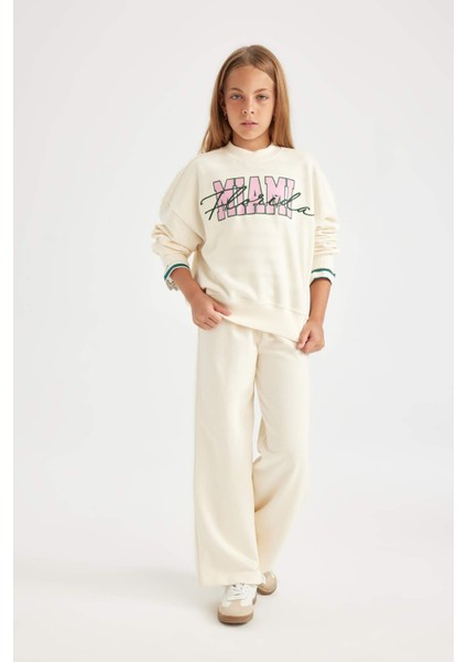 Kız Çocuk 2'li Takım Bisiklet Yaka Baskılı Sweatshirt Geniş Bol Paça Eşofman Altı C7777A824AU