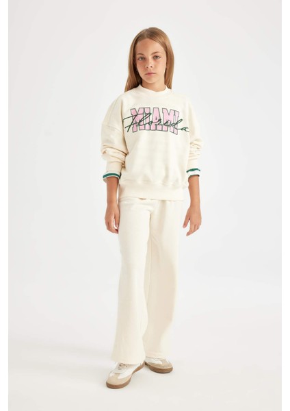 Kız Çocuk 2'li Takım Bisiklet Yaka Baskılı Sweatshirt Geniş Bol Paça Eşofman Altı C7777A824AU