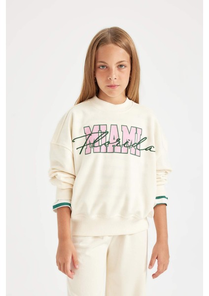 Kız Çocuk 2'li Takım Bisiklet Yaka Baskılı Sweatshirt Geniş Bol Paça Eşofman Altı C7777A824AU