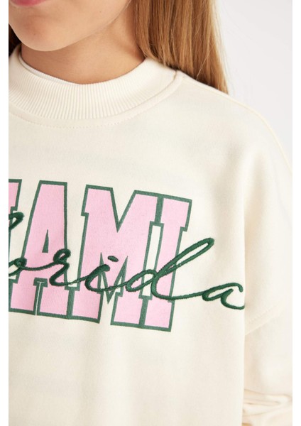 Kız Çocuk 2'li Takım Bisiklet Yaka Baskılı Sweatshirt Geniş Bol Paça Eşofman Altı C7777A824AU