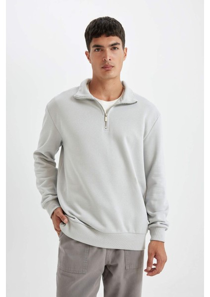 Comfort Regular Fit Rahat Kalıp Dik Yaka Fermuarlı Kalın Basic Düz Sweatshirt X7405AZ24AU