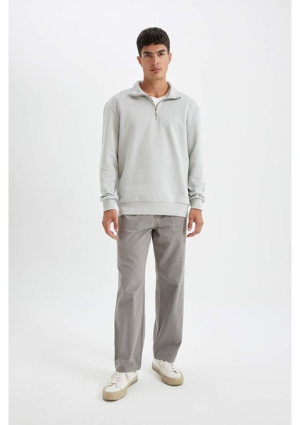 Comfort Regular Fit Rahat Kalıp Dik Yaka Fermuarlı Kalın Basic Düz Sweatshirt X7405AZ24AU