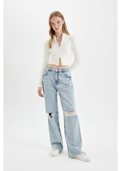 Fitted Dik Yaka Basic Düz Fermuarlı Fitilli Kaşkorse Crop Beyaz Hırka D5124AX24AU