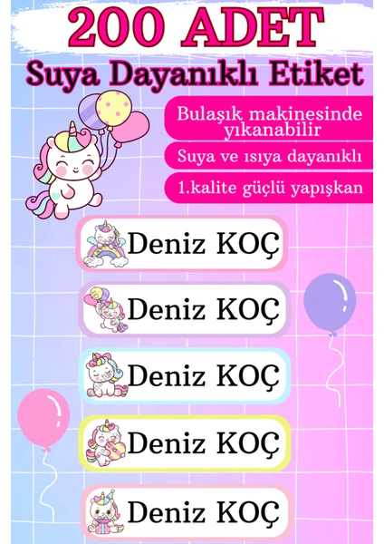 200 Adet Suya Dayanıklı Kişiye Özel Unicorn Temalı Okul Etiketi- Defter Kalem Kitap Suluk Için Sticker