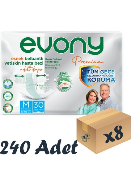 Premium Esnek Bel Bantı Yetişkin Hasta Bezi Medium 30’lu 8 Paket 240 Adet