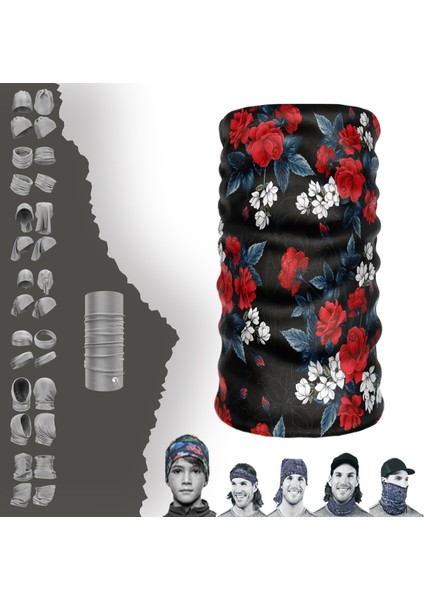Extreme Lacivert Yapraklı Kırmızı Çiçekli Siyah Boyunluk Bandana Baf Toka Maske Saçbandı