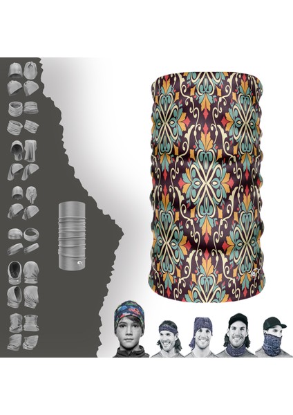 Extreme Bordo Tabanlı Yeşil Sarı Kırmızı Karışık Desenli Boyunluk Bandana Baf Toka Maske Saçbandı