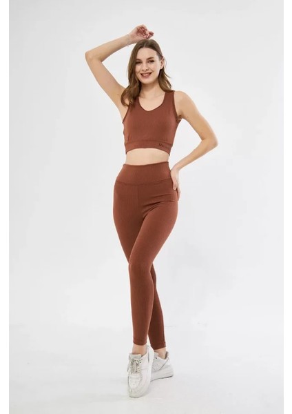 Cg Boutique Crop Tayt Ikili Spor Takımı - Kahve