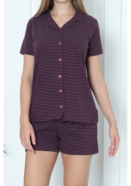 Kadın Şortlu Pijama Takımı Kısa Kollu Düğmeli Cepli Mürdüm Çizgili