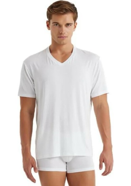 Blackspade Erkek Tekli Modal V Yaka Kısa Kol Silver T-Shirt 9308-BS Beyaz