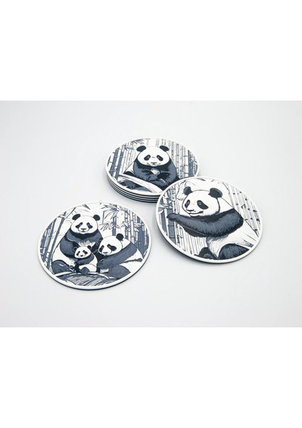 Panda Desenli Bardak Altlığı 6'lı Set + Stant