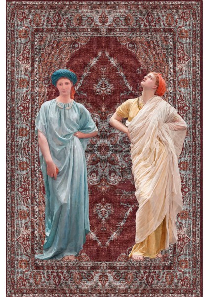 Mira Eski Dönem Kadınları Bordo Vintage Dokuma Taban Dekoratif Halı Mira 1477