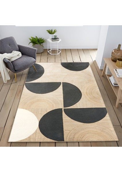 Siyah Bej Temalı Çok Renkli Geometrik Daire Bölme Desenli Modern Dekoratif Halı 1905 modelleri