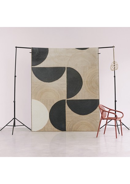 Siyah Bej Temalı Çok Renkli Geometrik Daire Bölme Desenli Modern Dekoratif Halı 1905 fırsatları