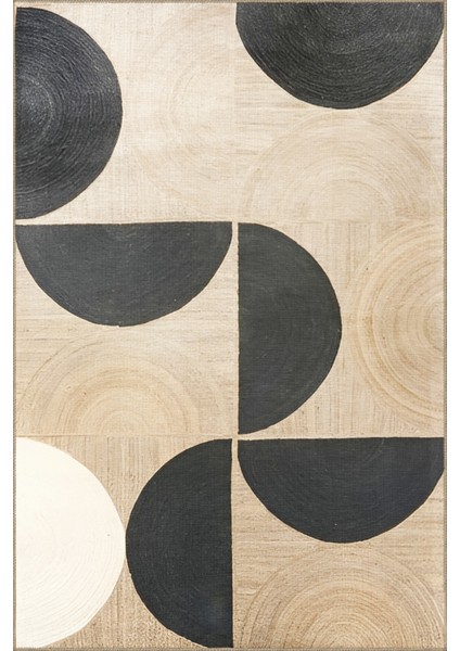 Siyah Bej Temalı Çok Renkli Geometrik Daire Bölme Desenli Modern Dekoratif Halı 1905