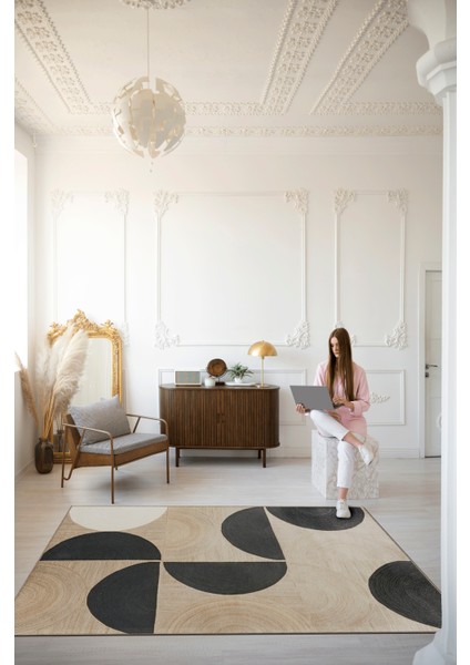 Siyah Bej Temalı Çok Renkli Geometrik Daire Bölme Desenli Modern Dekoratif Halı 1905 fiyatları