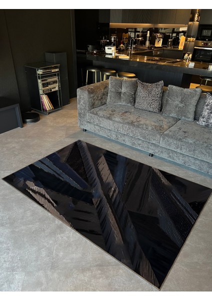 Shape Koleksiyonu Gri Lacivert Tonlarda Geometrik Detaylı Dokuma Taban Modern Dekoratif Halı 45
