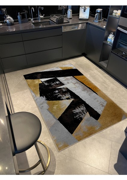 Shape Koleksiyonu Siyah Sarı Bej Tonlarda Geometrik Detaylı Dokuma Taban Modern Dekoratif Halı 49
