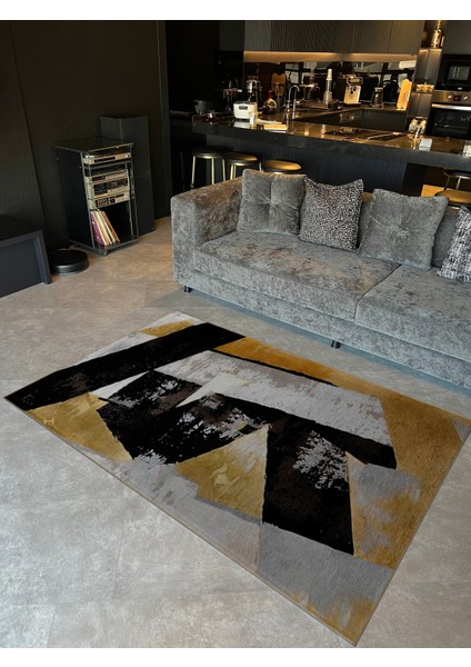 Shape Koleksiyonu Siyah Sarı Bej Tonlarda Geometrik Detaylı Dokuma Taban Modern Dekoratif Halı 49