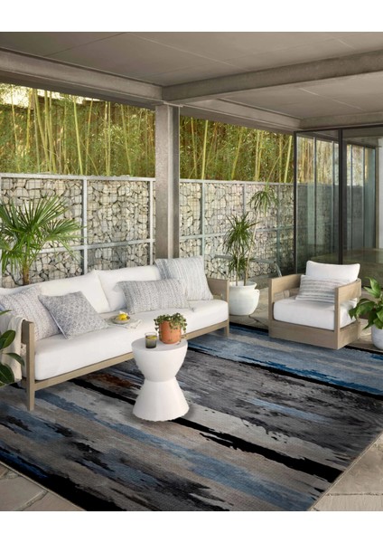 Shape Koleksiyonu Gri Mavi Tonlarda Çizgili Soyut Desenli Dokuma Taban Modern Dekoratif Halı 59