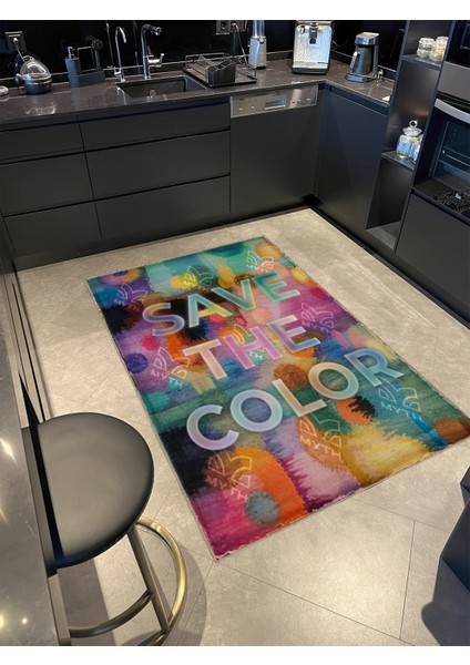 Written Koleksiyonu Çok Renkli Save The Color Yazılı Desenli Modern Dekoratif Halı 08 modelleri
