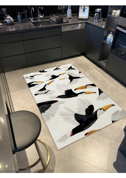 Bej Temalı Uçan Siyah Tukan Kuşu Sürüsü Desenli Kreatif Modern Dekoratif Halı 2285 fiyatları